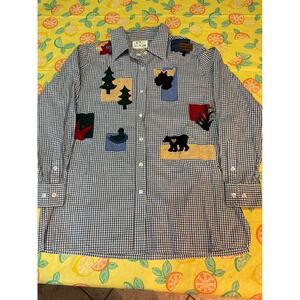 The Quacker Factory Button Down Shirt Womens Large Blue Gingham Nature Appliqué